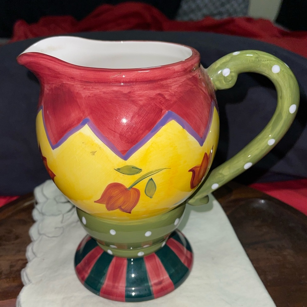 Vintage 1997 CBK Ltd, Elegant/Playful Rose Hand-painted Handled Ceramic Pitcher